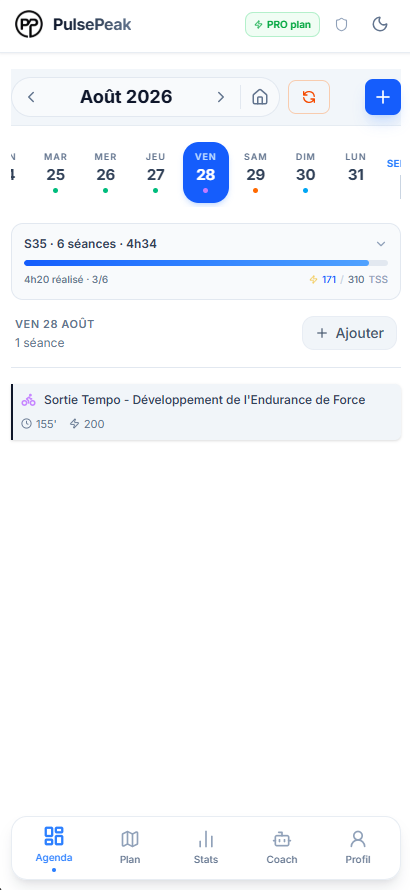Agenda d'entraînement vélo dans PulsePeak