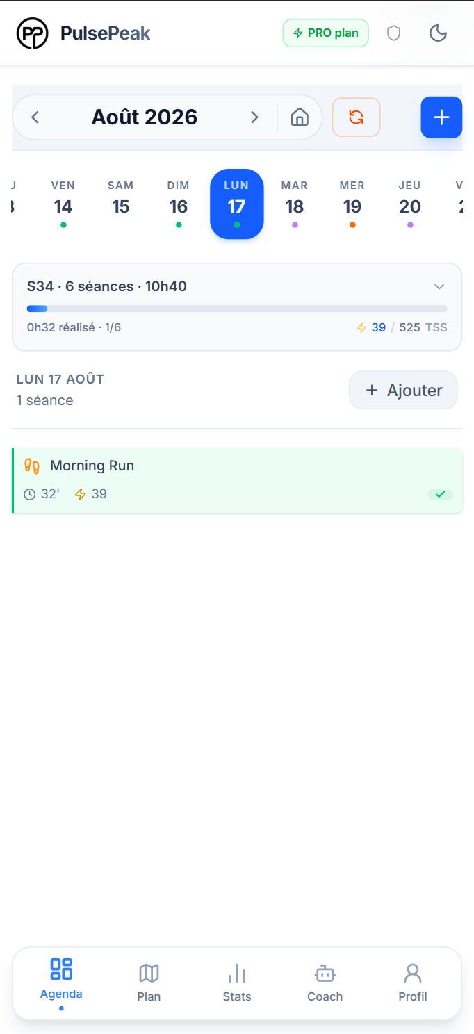 Agenda d'entraînement PulsePeak sur mobile